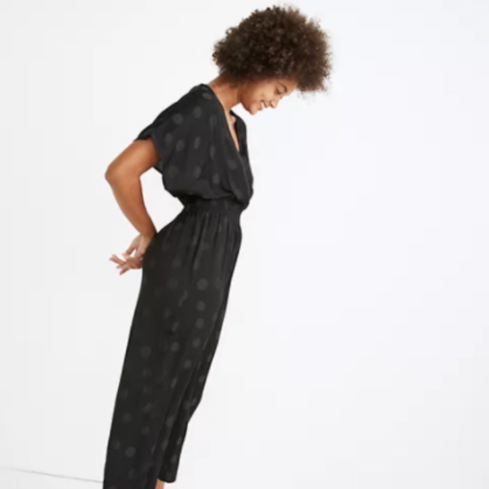 Madewell Wrap-Front Smock-Waist Jumpsuit in Dot Jacquard